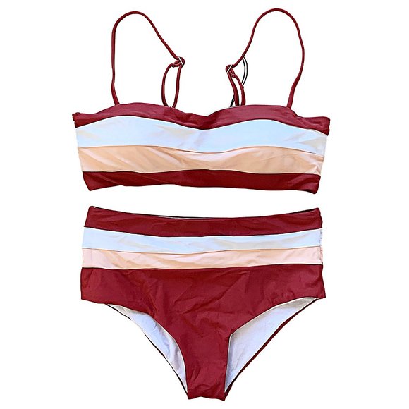 High-Waisted Colorblock Bandeau Bikini Set in Red - Picture 8 of 12